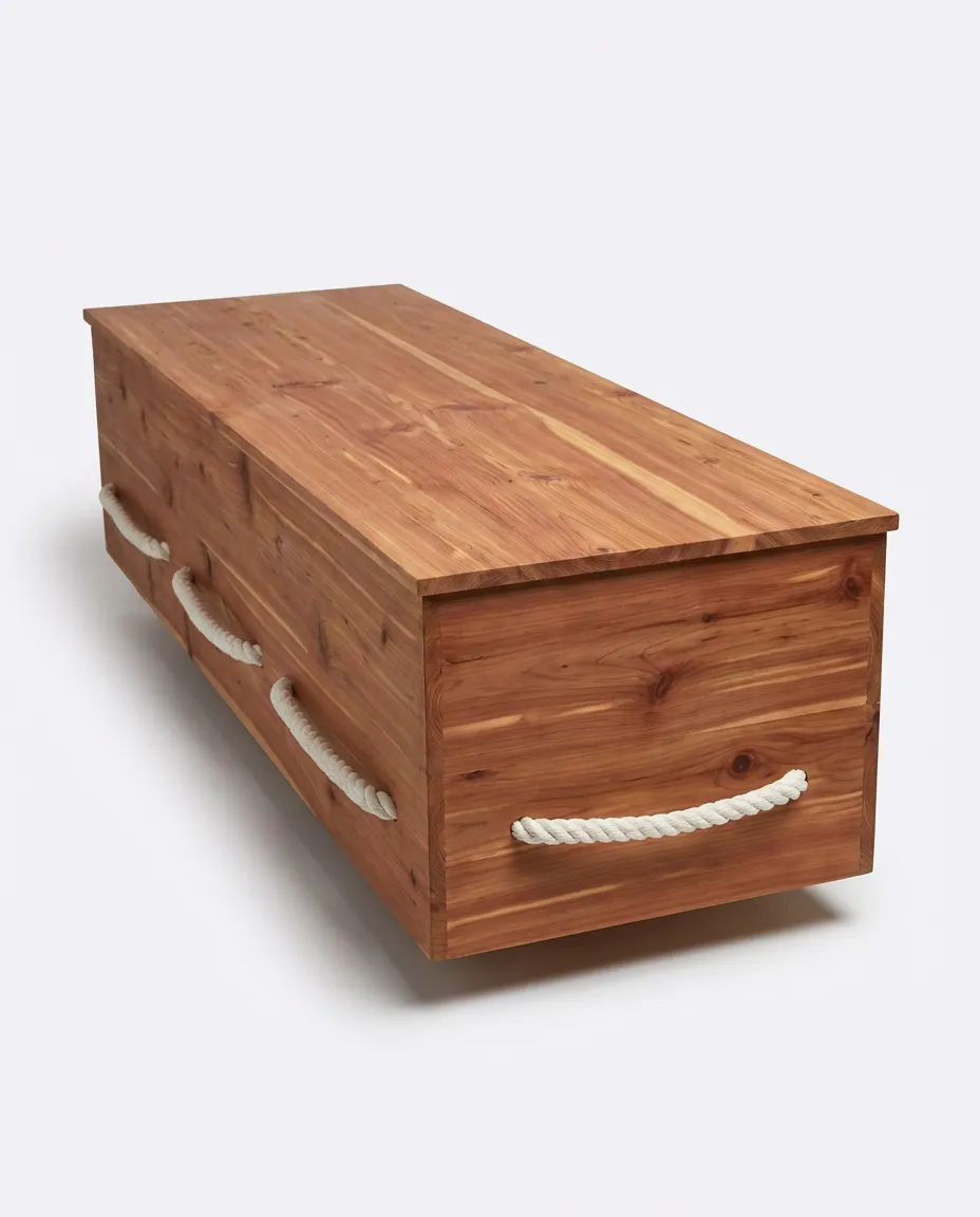 Handcrafted aromatic cedar wood coffin with rope handles, Navasota Texas